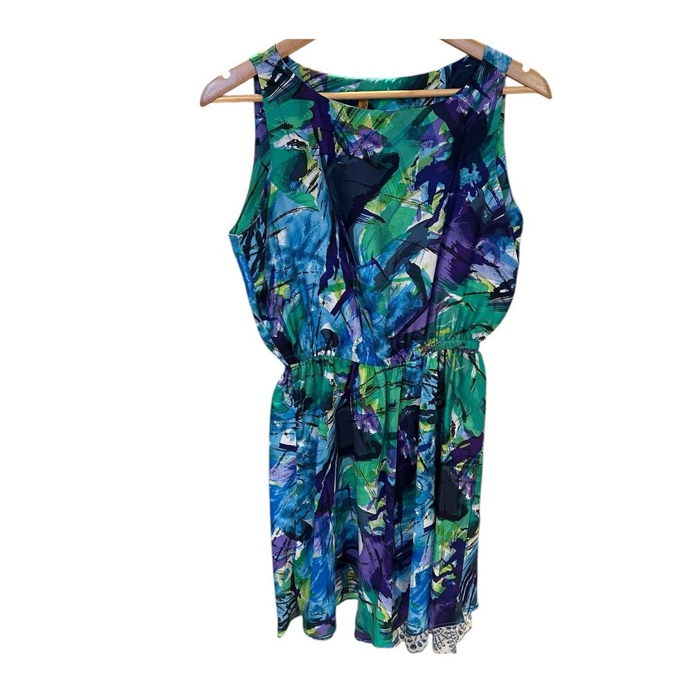 RACHEL PALLY Green Purple Abstract Watercolor 100% Silk Tank Mini Dress SMALL